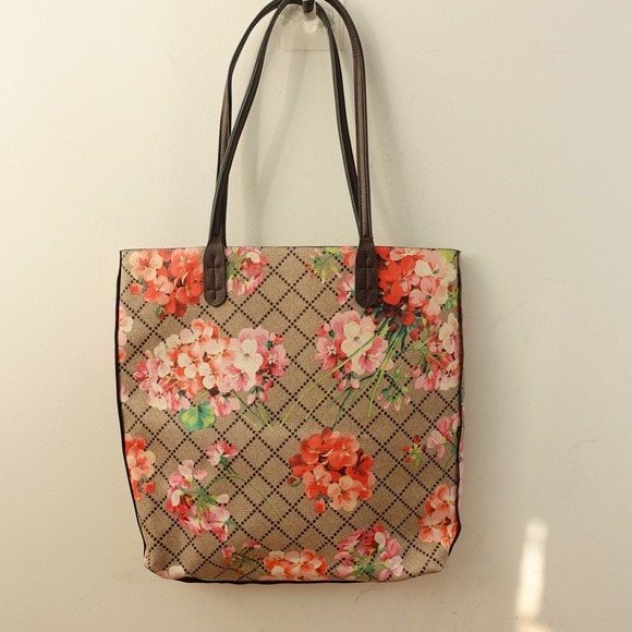 Reversible Floral Bouquet Chocolate Tote Bag Large Faux‎ Leather Blooms Spring